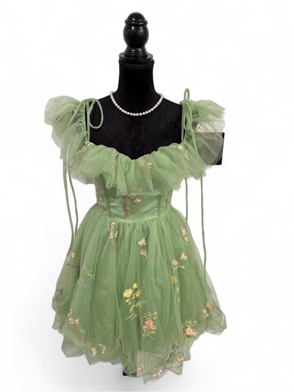 Fairy inspired Green Floral women’s Tulle Dress w/ Ruffled Shoulders size 2